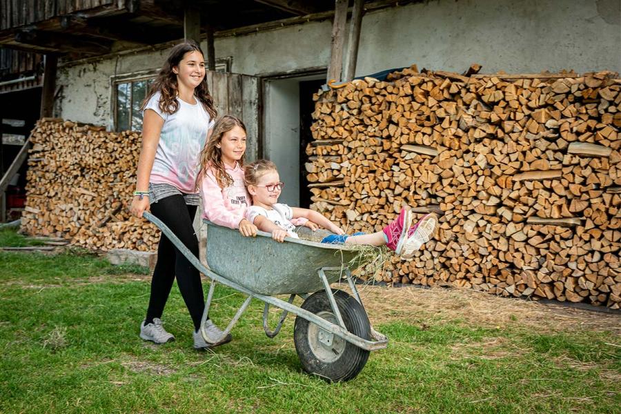 Zwei Kinder sitzen in einer Scheibtruhe und werden von einem Mädchen 