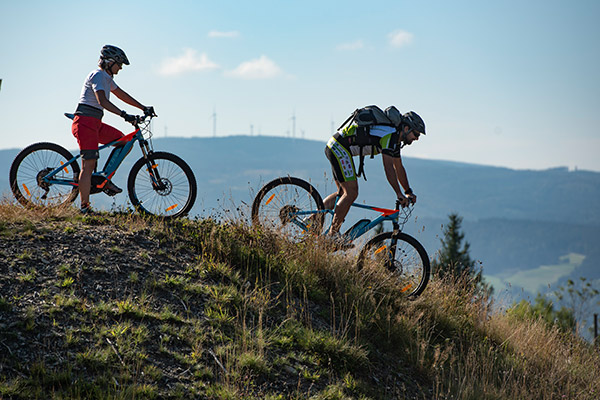 Zwei Mountainbiker unterweg mit ihrem Bike, die gerade auf einer Wiese den Weg hinunterfahren.